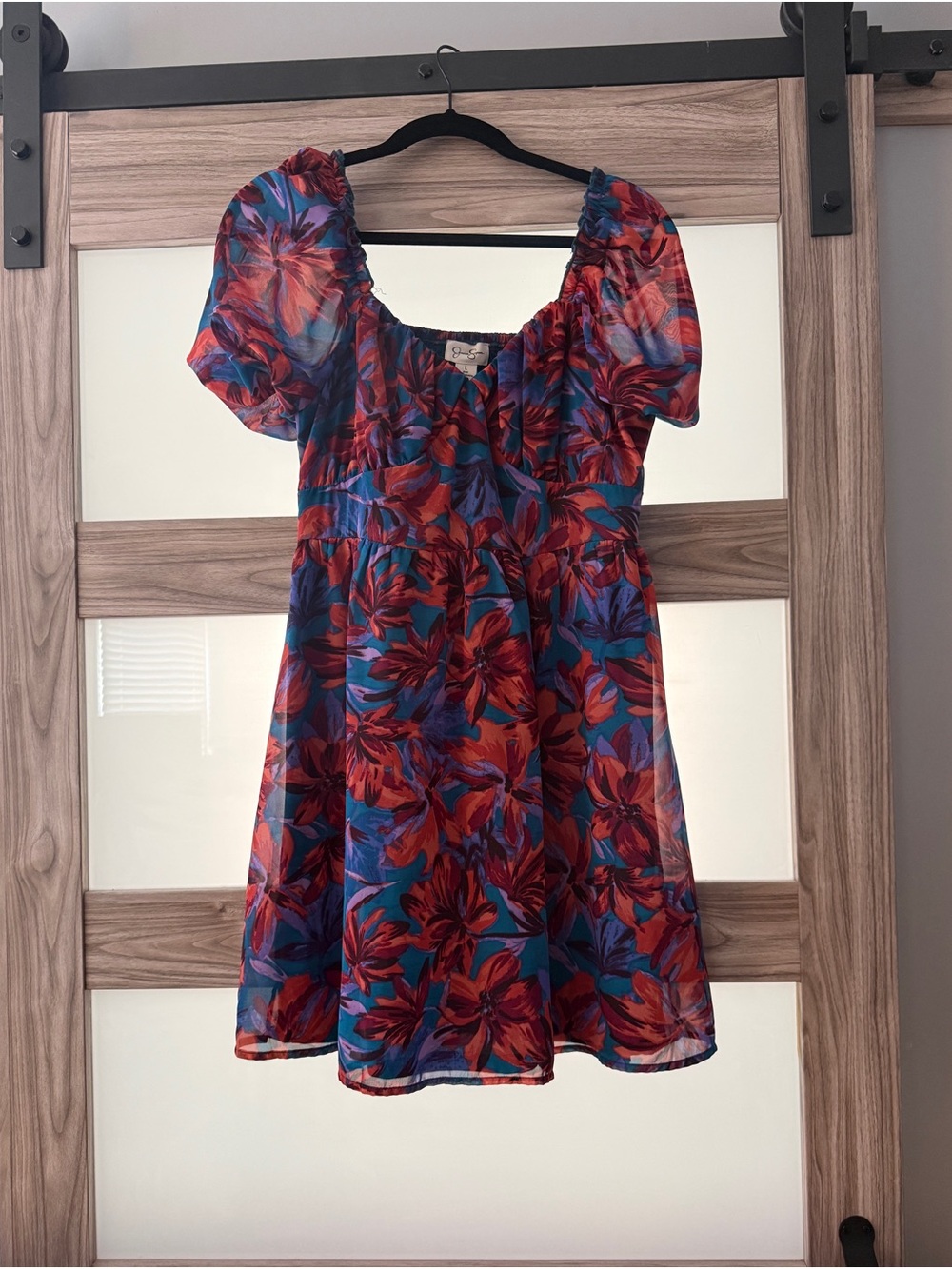 Jessica Simpson Red and Blue Floral Puff-Sleeve Dress